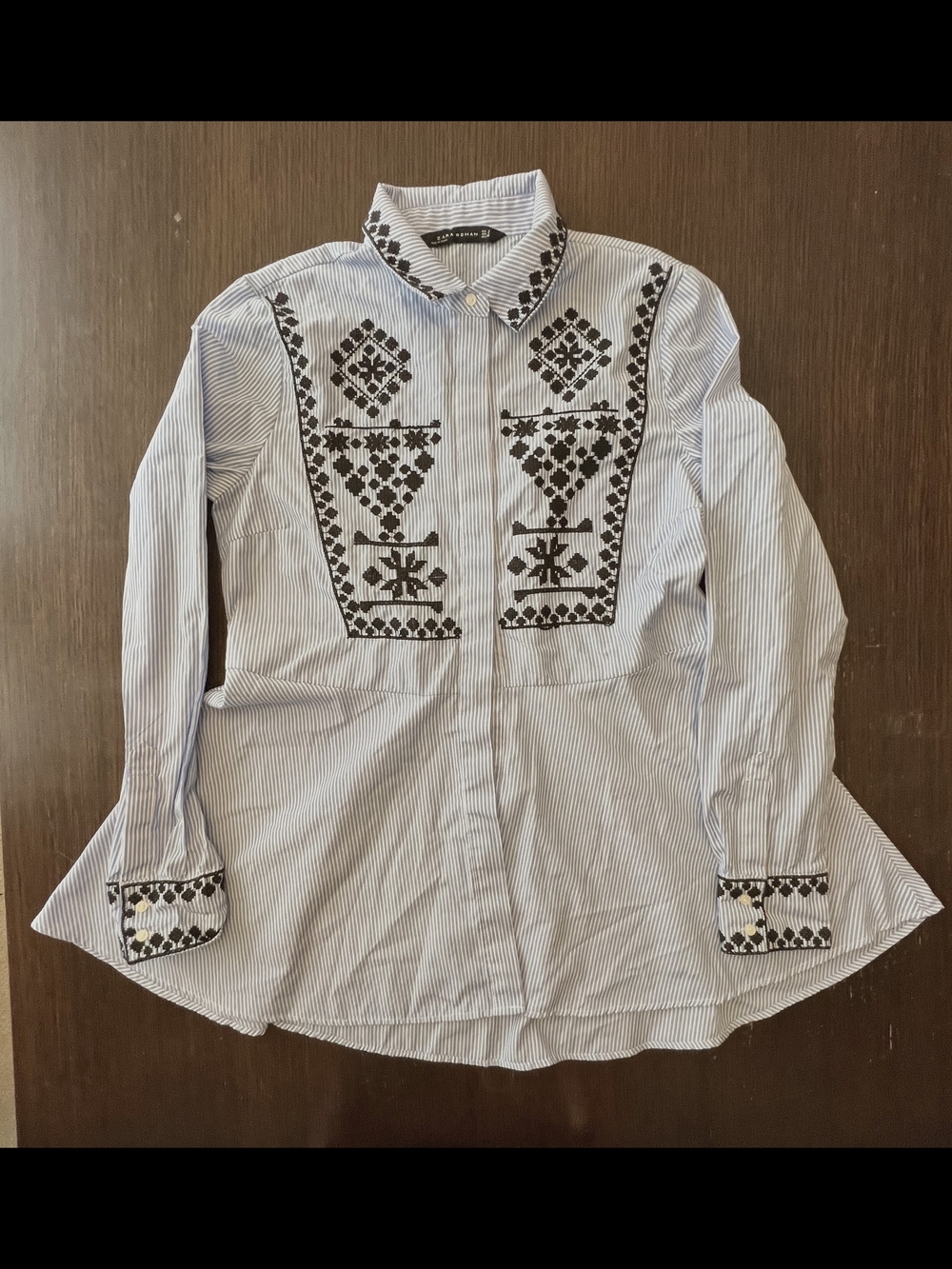 Zara Large Blue White Striped Embroidered Button Up Shirt Boho Casual